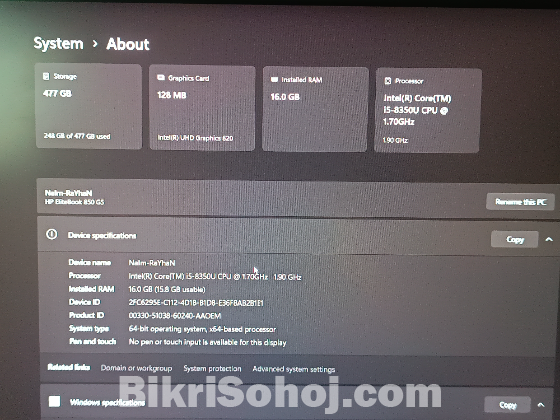 Hp Elitebook 850 G5, core i5 8th gen 16 & 512gb